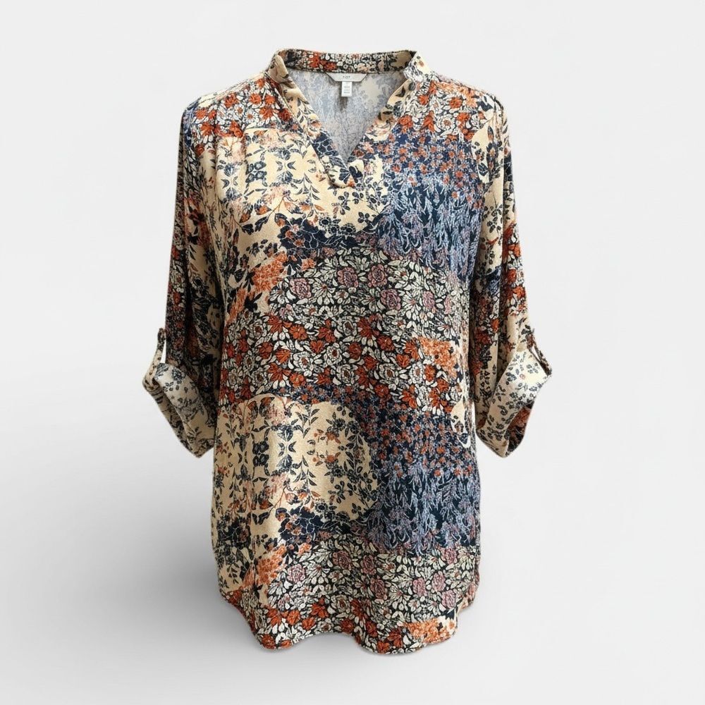 Liberty Love Floral Print Blouse 3/4
Sleeve Floral High Low Blue Tan Coral
Small